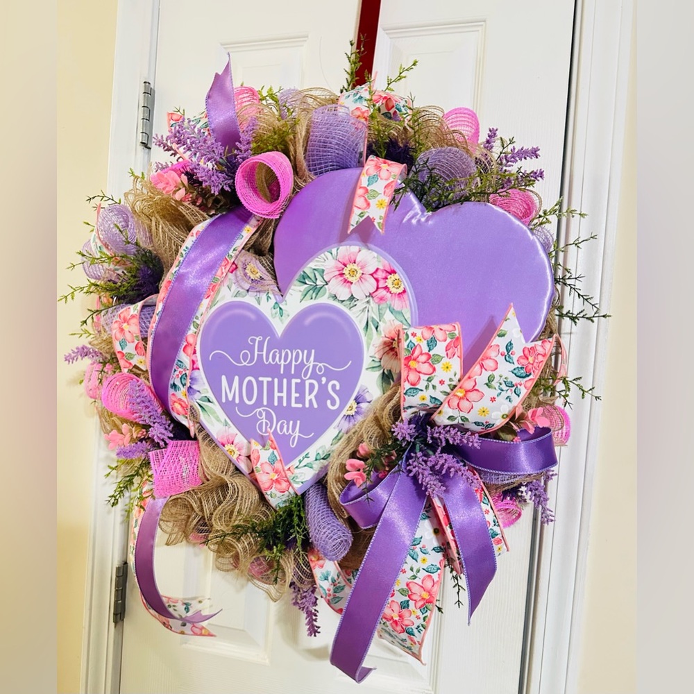 Happy Mother's Day Purple Heart Wreath with Floral Accents